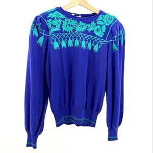 Vintage 80s Umi Collections by Anne Crimmins Blue Teal Embroidered Sweater